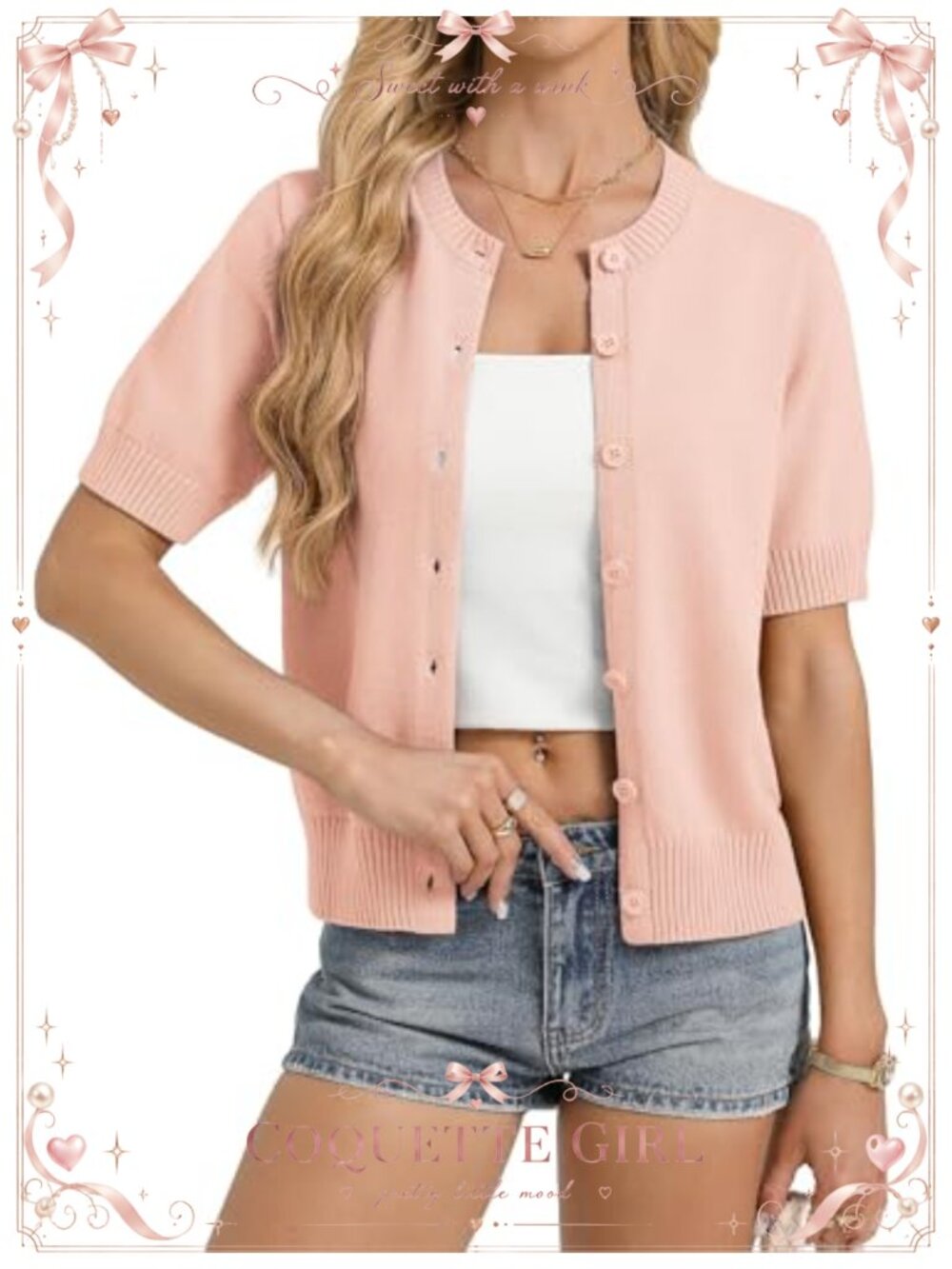 Women's Lightweight Short Sleeve Button Up Cardigan Cropped Shrug Knit Sweater